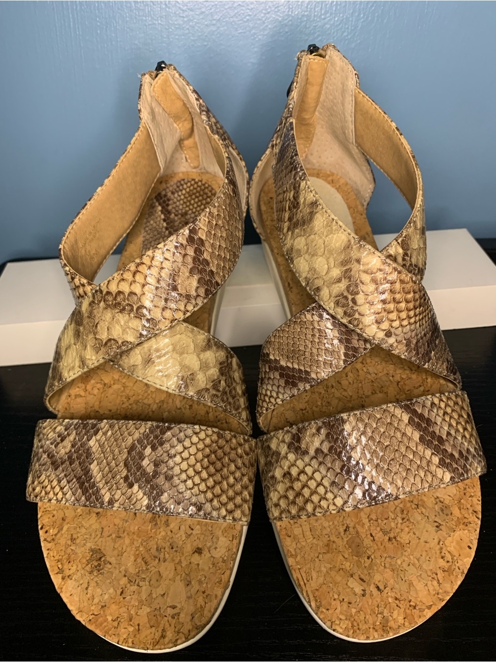Adrienne Vittadini Snake-Print Cork Wedge Sandals - Brown/Tan